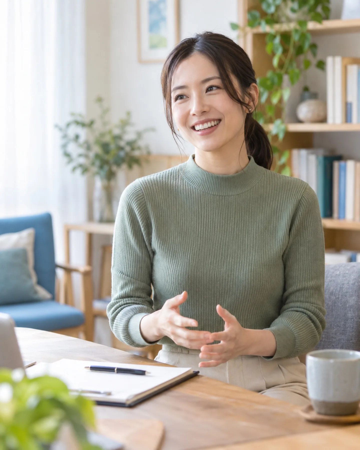 本棚の横に立つ、緑のニットの女性のファイナンシャルプランナー（イメージ・見本）