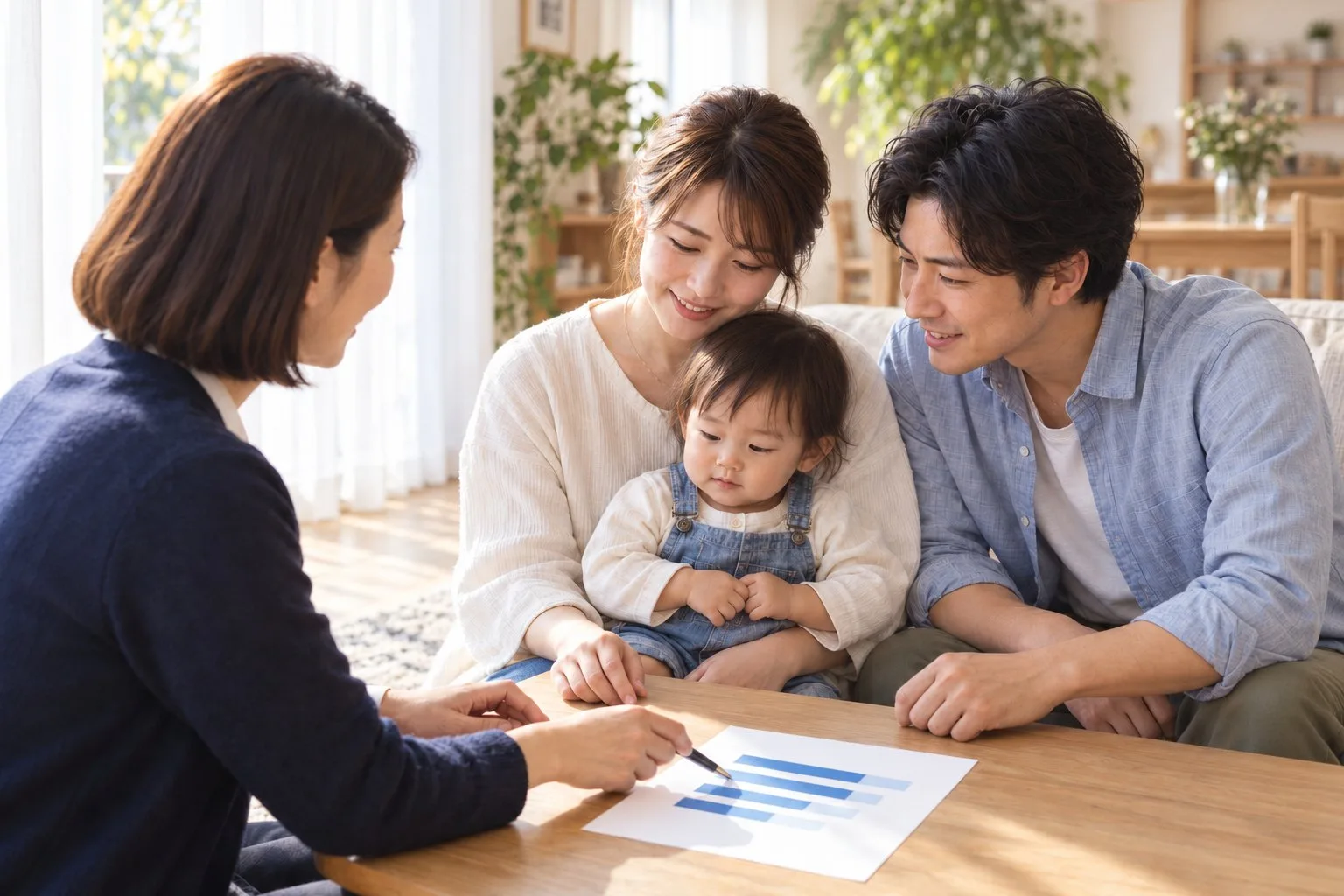 日の差すリビングの低いテーブルで、担当が1枚の保障の整理表をペンで指し、子どもを抱いた母親と父親がのぞき込んでいる（イメージ・見本）