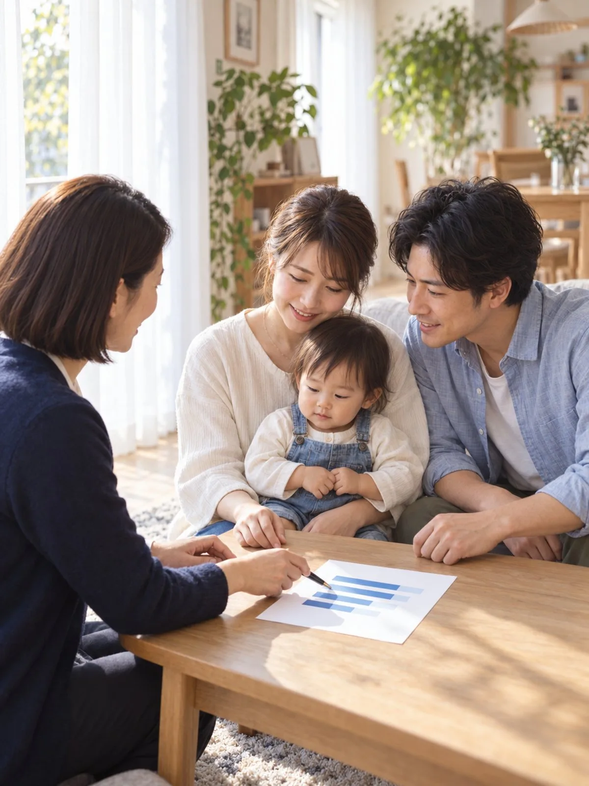 日の差すリビングの低いテーブルで、担当が1枚の保障の整理表をペンで指し、子どもを抱いた母親と父親がのぞき込んでいる（イメージ・見本）
