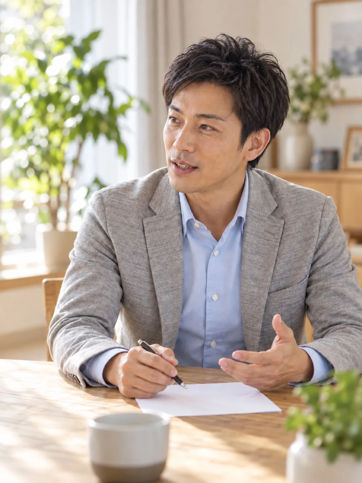 ダイニングテーブルでペンを持ち、手ぶりを交えて説明しているグレーのジャケットの男性のファイナンシャルプランナー（イメージ・見本）